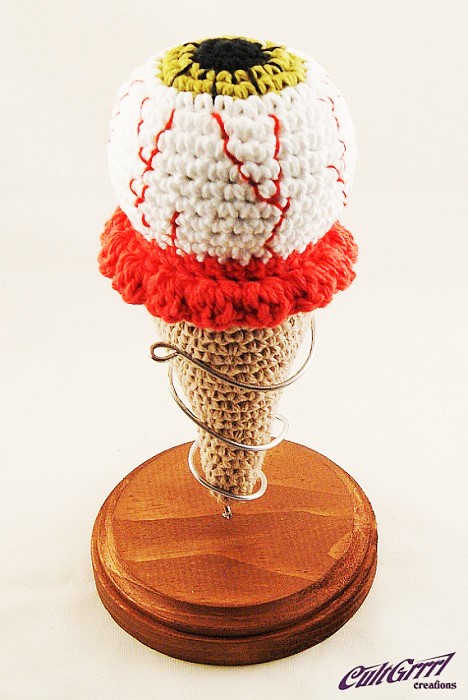 Eyeball Ice Cream Cone Knit Sculpture Handmade Crochet Art by Cultgrrrl
