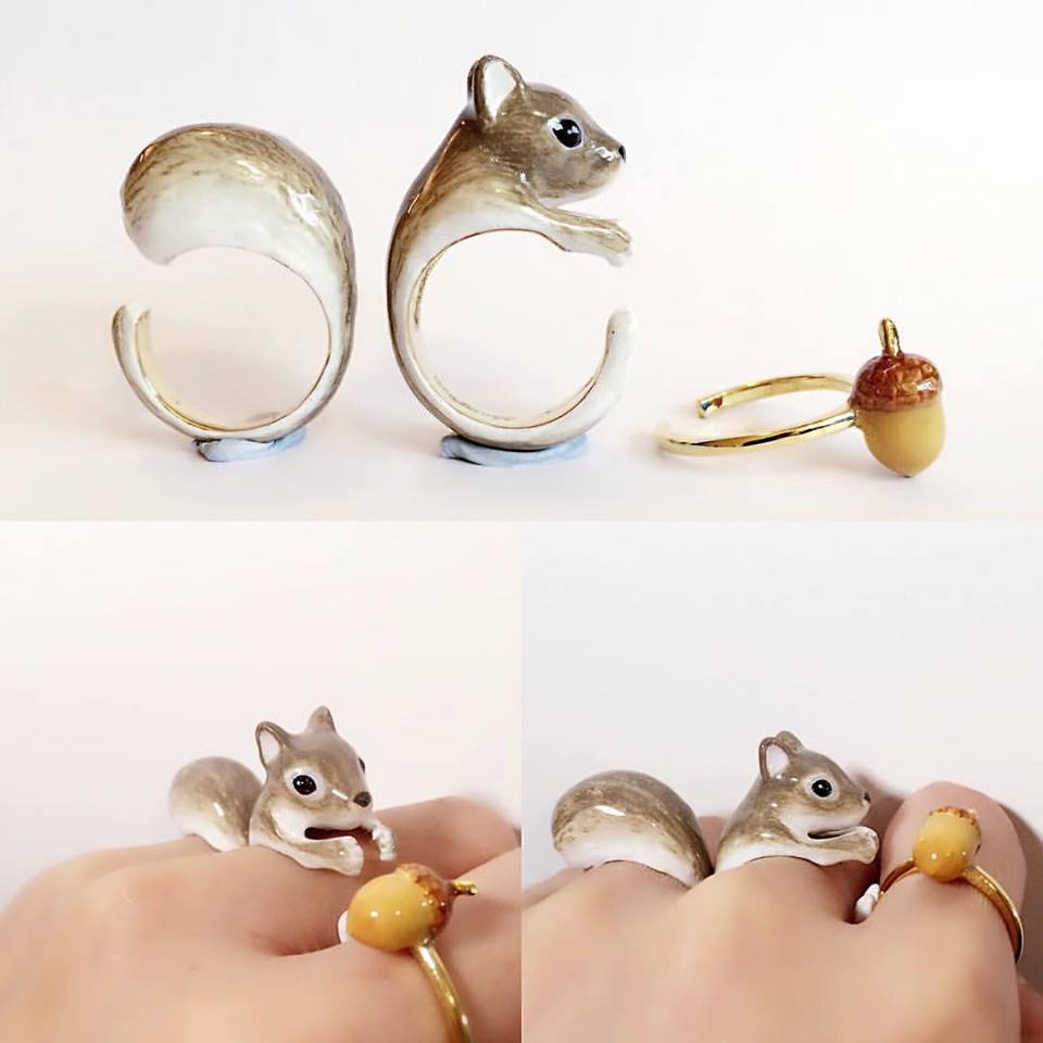 squirrel ring set collage handmade jewelry by mary lou animal jewelry