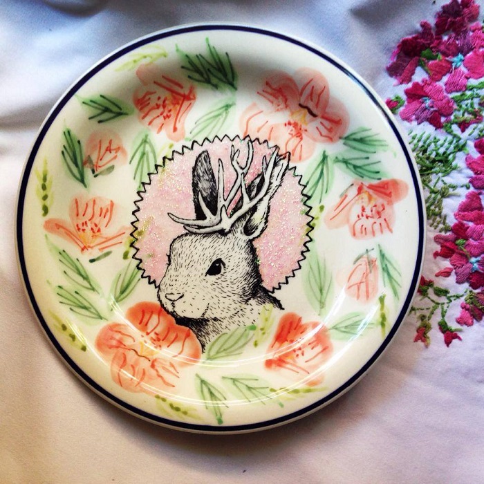 Jackelope Bunny Painting on Ceramic Plate Art by Kelly Kielsmeier