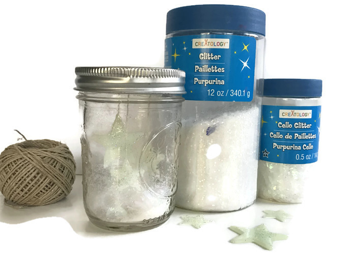 supplies for a starry night mason jar snowglobe