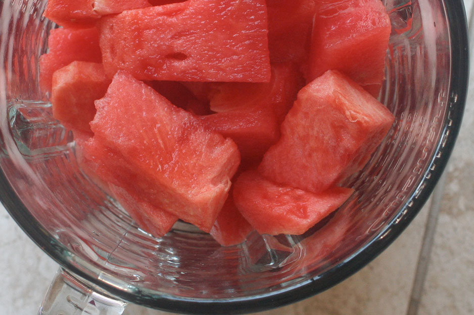 Add the Watermelon to the Blender - Whirled Watermelon Mojitos Recipe