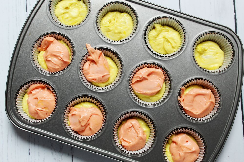 candy corn cupcakes batter in muffin tin 1