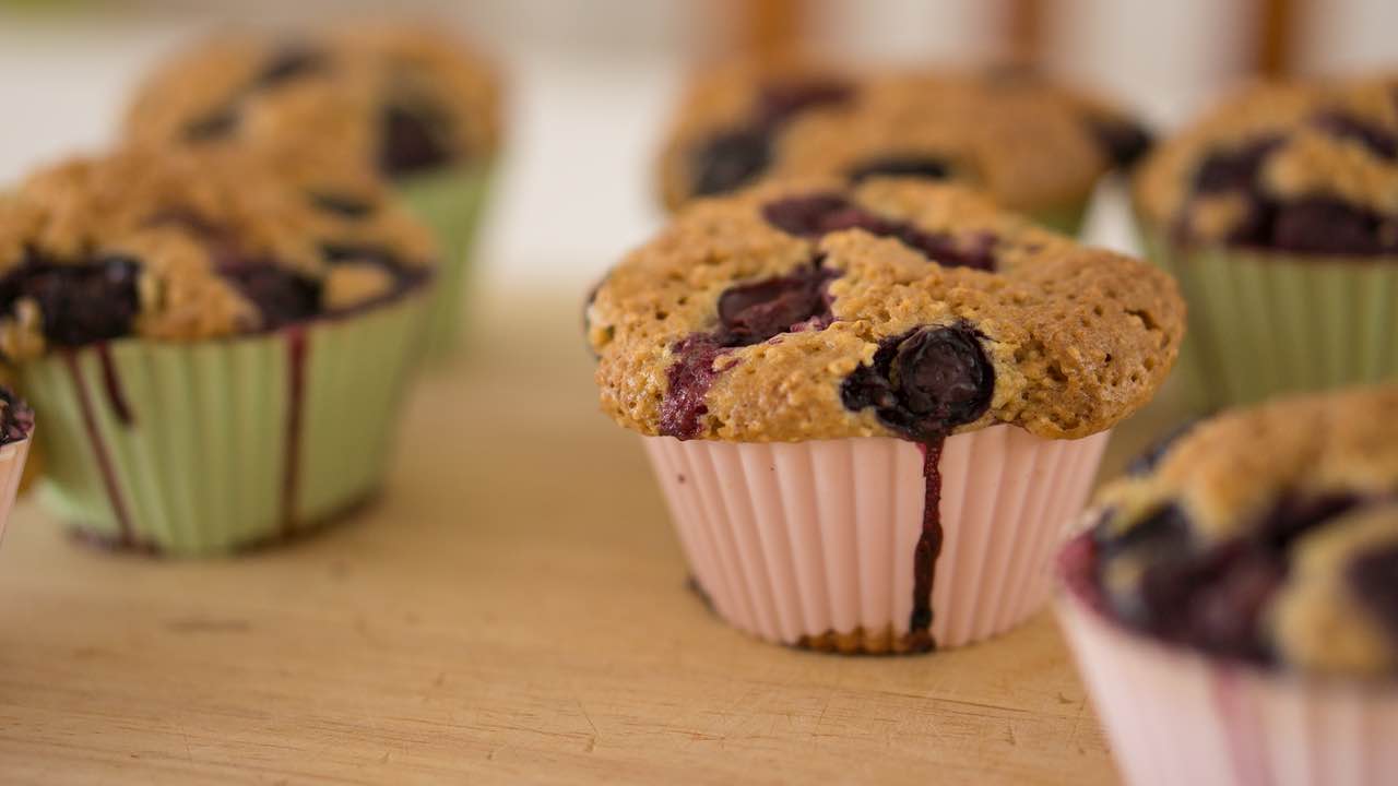 pink and green lined blueberry muffins recipe