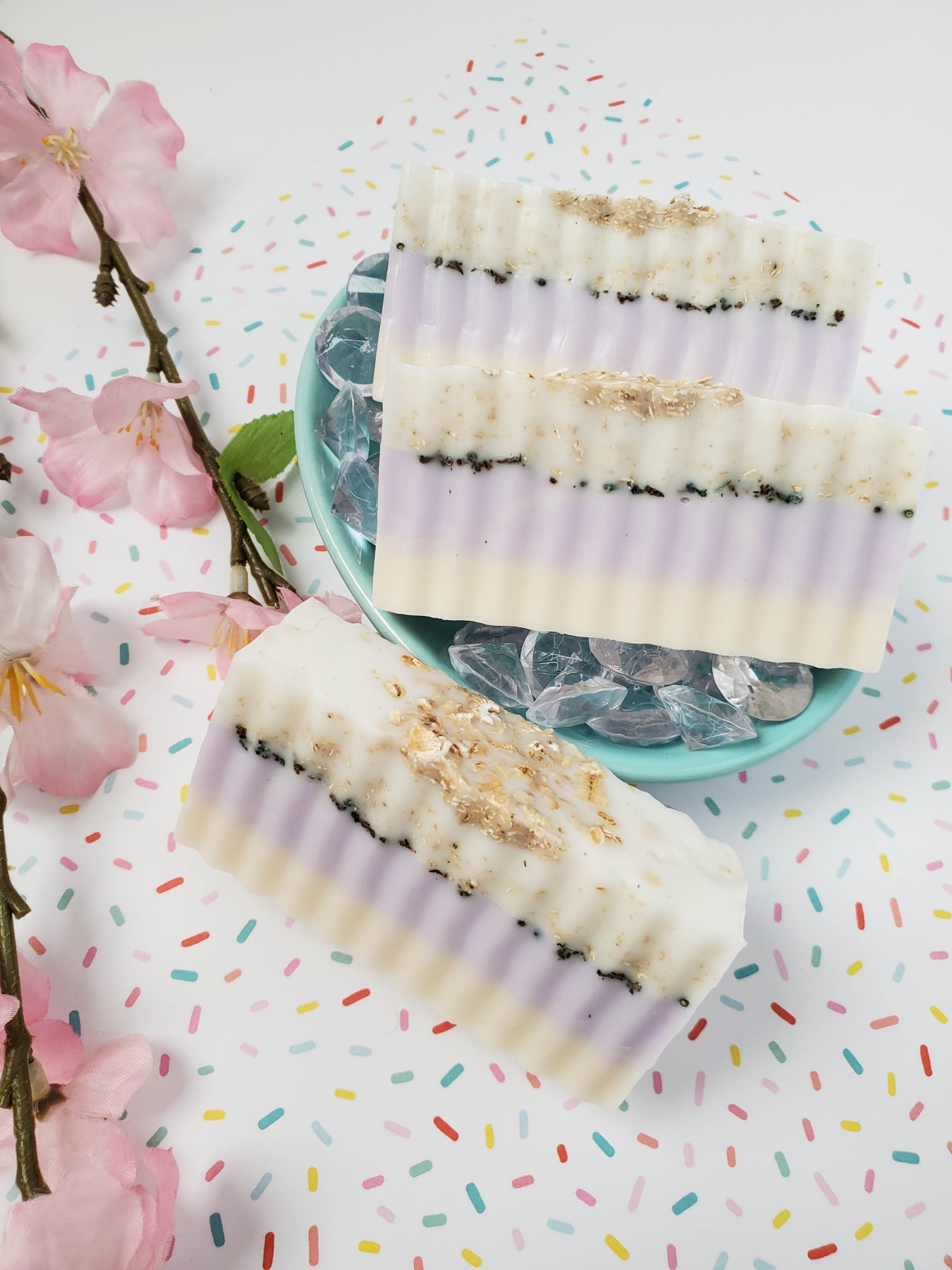 finished goats milk soap with lavender honey and oats