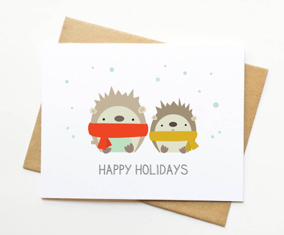 cute hedgehogs in scarves happy holidays card