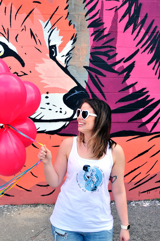 cristina-with-balloons-1 | T Shirt by Stovepipe and heart sunglasses available at Pop Shop America Shop Local Boutique