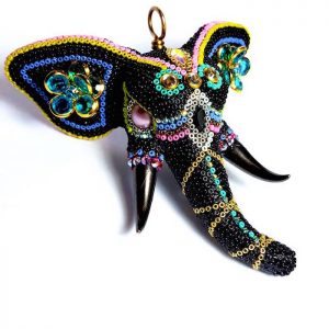Close up of the Black Beaded Elephant with Tusks Pendant