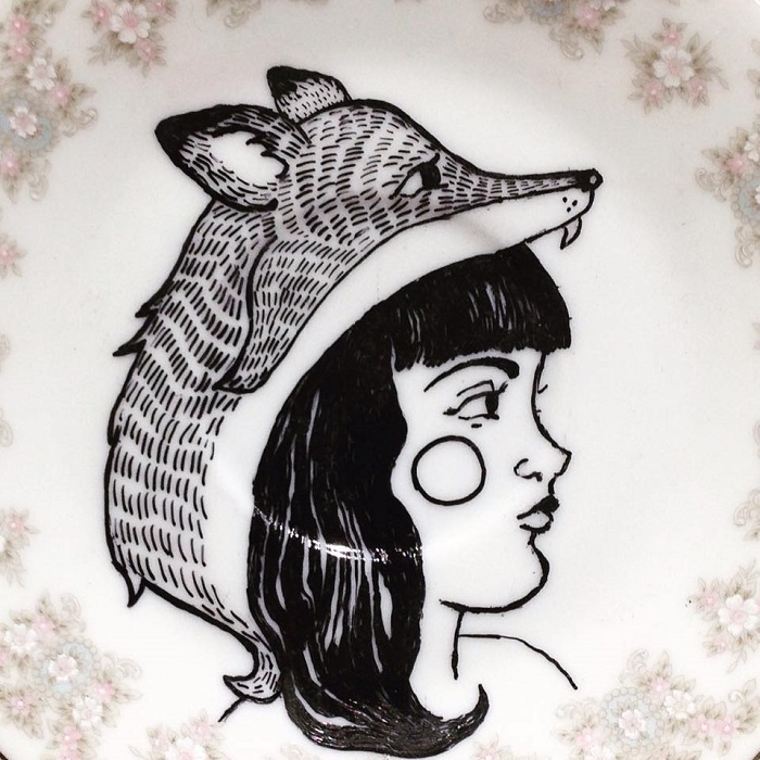 Detail of Girl wearing Fox Mask Painting handmade ceramic plate paintings