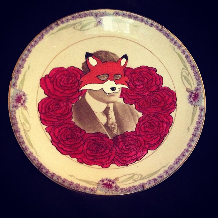 Kelly Kielsmeier Handmade ceramic plate art with fox mask fox and roses art