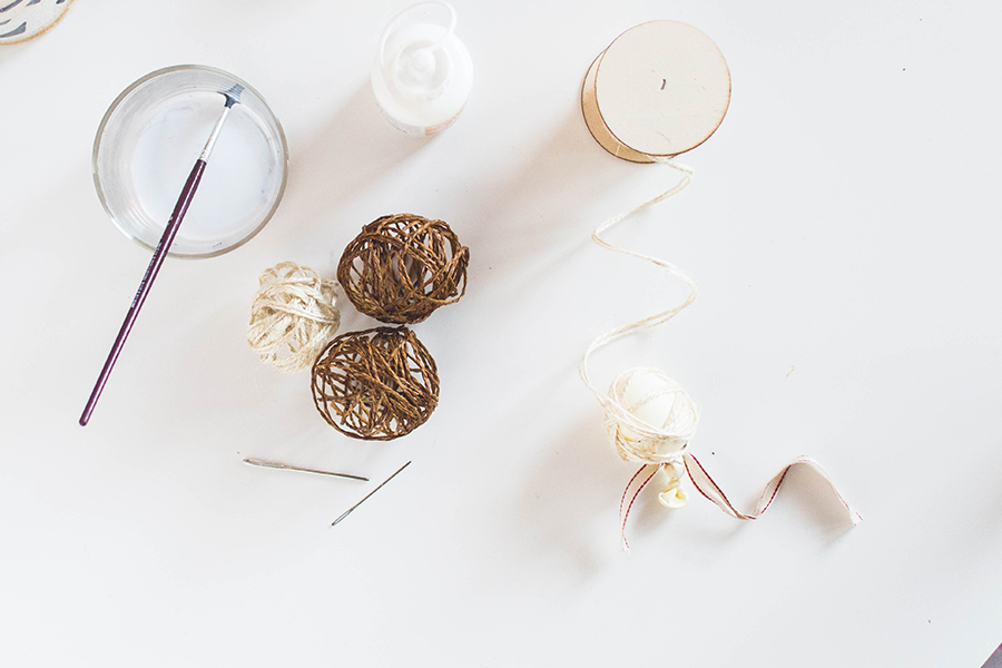 Materials to make twine spheres for your DIY winter scented garland