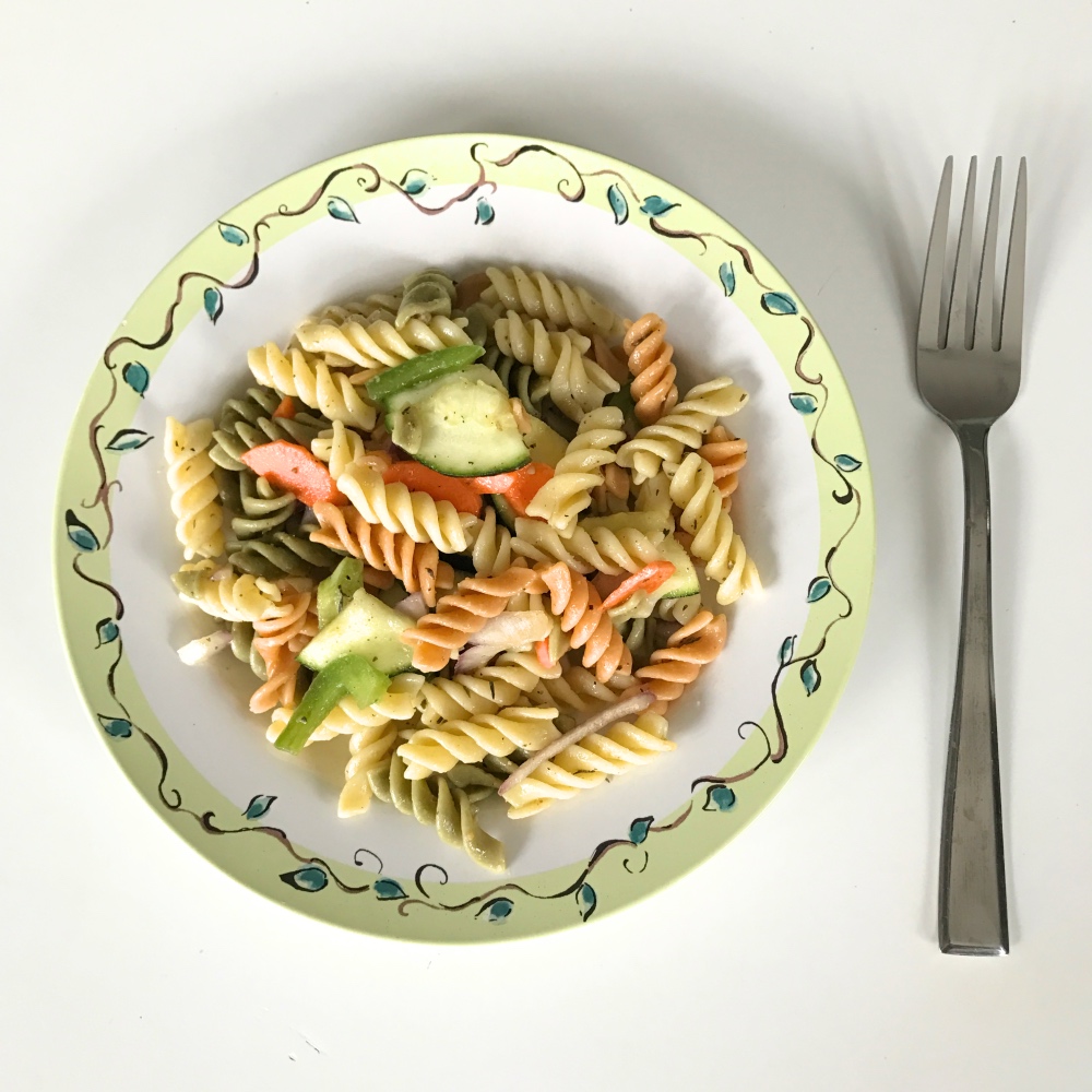 plated pasta salad with lemon and vegetable recipe