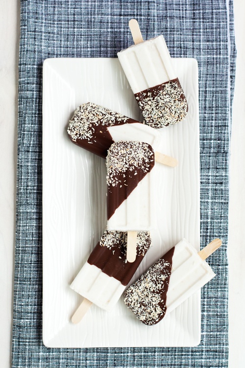 chocolate dipped coconut and rum popsicles