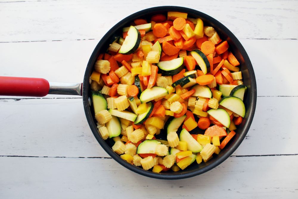 chopped veggies in skillet for turmeric chicken and rice 1
