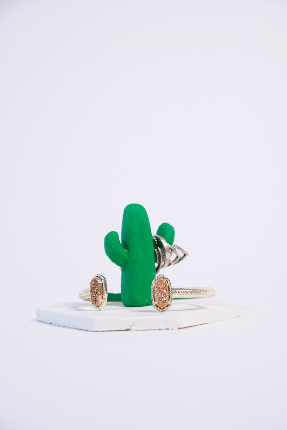 finished diy clay cactus ring holder with jewelry
