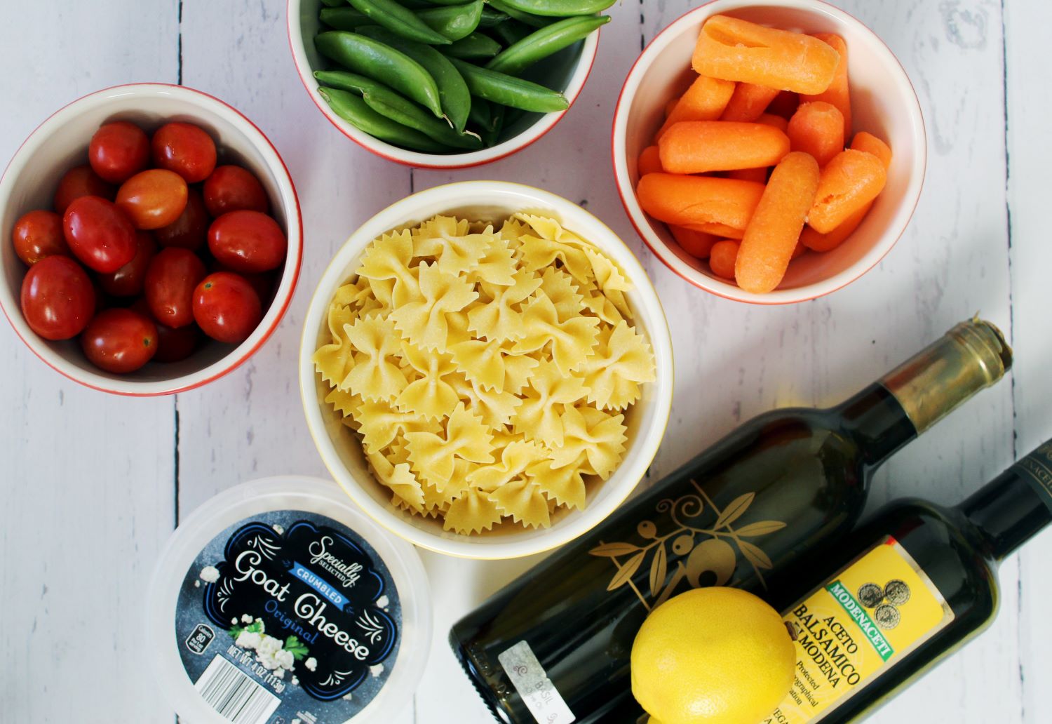 ingredients flatlay for lemon basil pasta salad 1