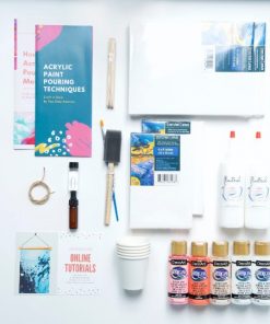 flatlay of acrylic paint pouring craft kit