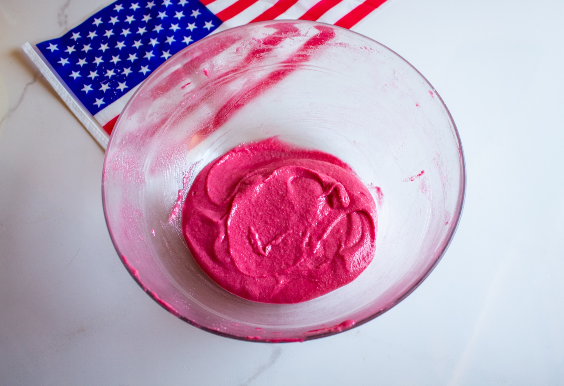 finished red macaron batter for 4th of july
