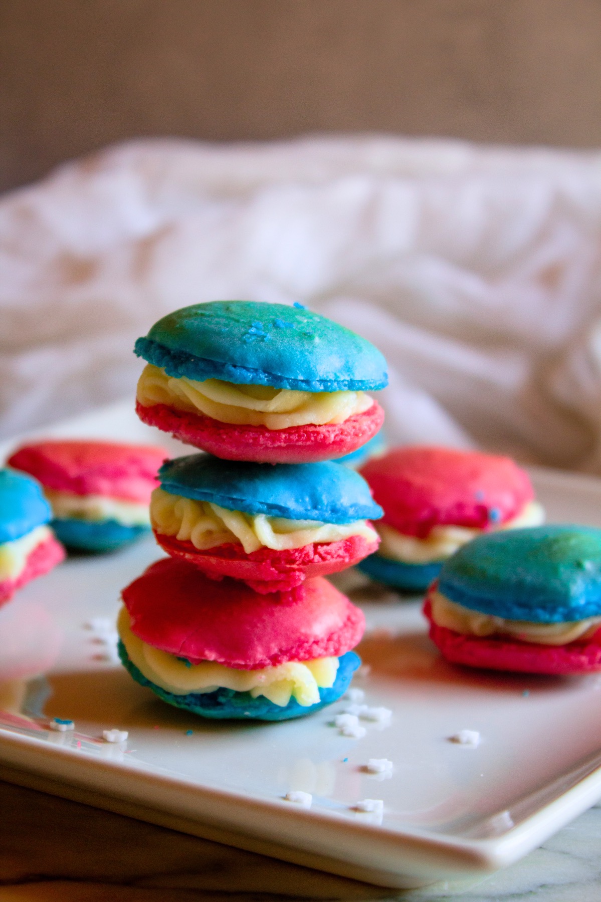 stack of finished 4th of july macarons recipe
