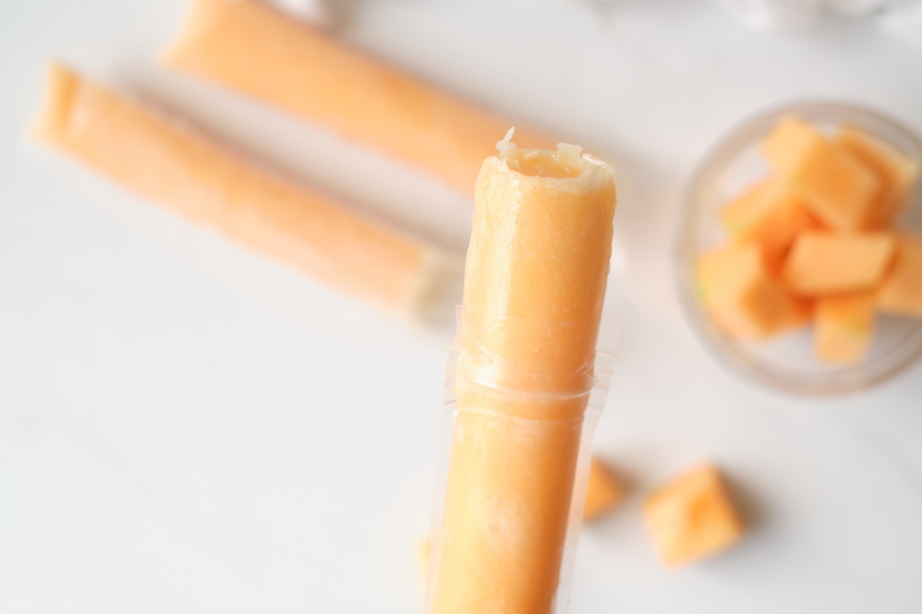 close up of the no sugar added cantaloupe popsicles