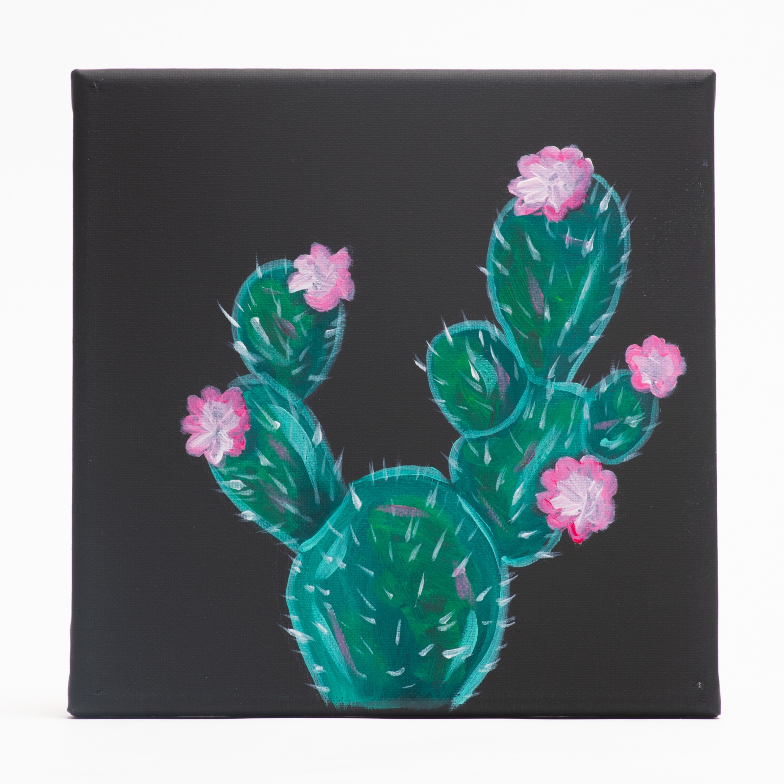 finished cactus on black canvas painting tutorial